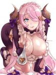  1girl all_fours apron blush bow braid breasts breasts_outside candy chocolate chocolate_heart crown_braid draph dress english_commentary feeding food frilled_apron frills granblue_fantasy hair_bow hair_ornament hair_over_one_eye heart heart_cutout heart_hair_ornament highres horn_bow horns incoming_food large_breasts licking_lips long_hair low-tied_long_hair mary_janes mr-poritan narmaya_(granblue_fantasy) naughty_face nipples pink_hair pointy_ears ribbed_sweater shoes simple_background sleeves_past_wrists smile solo spoon sweater sweater_dress tongue tongue_out twitter_username very_long_hair white_background 