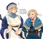  2girls ? belt belt_pouch beret blonde_hair blue_capelet blue_hat blue_robe blush bow braid braided_ponytail capelet choker closed_eyes dungeon_meshi elf english_text falin_touden falin_touden_(tallman) green_eyes hair_bow hat highres holding holding_staff im_vess long_hair marcille_donato multiple_girls pointy_ears pouch red_bow red_choker robe shirt short_hair simple_background staff white_background white_shirt yuri 