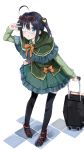  1girl :o absurdres ahoge alternate_costume backpack bag black_footwear black_legwear blue_eyes blush bow chuunibyou_demo_koi_ga_shitai! commentary dress eyepatch frills full_body green_dress hair_ribbon highres holding long_sleeves looking_at_viewer marie_(pixiv31942978) one_side_up orange_bow orange_neckwear purple_hair ribbon shoe_bow shoes short_hair simple_background solo standing takanashi_rikka thighhighs white_background yellow_ribbon 