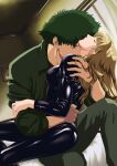 absurdres blonde_hair catsuit closed_eyes couple cowboy_bebop curly_hair green_eyes highres imminent_kiss julia_(cowboy_bebop) kiss kissing_neck leather non-web_source spike_spiegel 