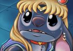  2020 alien ambiguous_gender blonde_hair blue_body blue_eyes blue_fur blush bodily_fluids collar disney ear_piercing experiment_(lilo_and_stitch) fur hair hi_res lilo_and_stitch meme no_sclera open_mouth piercing pink_inner_ear sailor_moon_(series) sailor_moon_redraw_challenge signature stitch_(lilo_and_stitch) sweat teeth tongue trimmerlist 