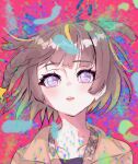  1girl anya_melfissa anya_melfissa_(indonesian_casual) blonde_hair braid brown_hair brown_jacket brown_shirt collarbone gradient_hair highres hololive hololive_indonesia jacket jomizumi multicolored_hair open_mouth pink_background portrait purple_eyes shirt side_braid solo streaked_hair tagme teeth 