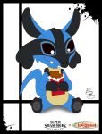  2019 absurd_res alien ambiguous_gender black_body black_claws black_eyes black_fur black_hair black_inner_ear black_pawpads blue_body blue_fur candy chocolate claws disney experiment_(lilo_and_stitch) fangs fingers food fur hair hi_res holding_object lilo_and_stitch looking_down lucario nintendo no_sclera pawpads pok&eacute;mon pok&eacute;mon_(species) signature sitting smile solo super_smash_bros. super_smash_bros._ultimate tan_body tan_fur toe_claws toes video_games xeternalflamebryx 