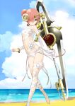  1girl arm_behind_back asymmetrical_sleeves bandaged_arm bandaged_foot bandaged_leg bandages bangle bare_shoulders barefoot beach black_collar blue_eyes blue_sky bracelet breasts bridal_blade_(fate) clenched_hand closed_mouth cloud collar day detached_collar detached_sleeves double_bun fate/grand_order fate_(series) frankenstein's_monster_(fate) frankenstein's_monster_(swimsuit_saber)_(fate) frankenstein's_monster_(swimsuit_saber)_(third_ascension)_(fate) hair_bun hair_ornament hair_over_one_eye hand_up holding holding_sword holding_weapon horns jewelry loincloth looking_at_viewer naked_bandage navel official_art okazaki_takeshi one_eye_covered pink_hair short_hair single_detached_sleeve single_horn single_sleeve_past_fingers sky small_breasts solo stomach swimsuit sword third-party_source variant_set weapon white_loincloth white_sleeves 