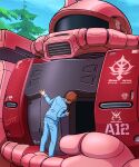  1boy absurdres amuro_ray brown_hair gundam gundam_gquuuuuux highres jacket kobakin mecha mobile_suit mobile_suit_gundam retro_artstyle robot science_fiction short_hair solo zaku zaku_ii_s_char_custom zeon 
