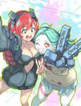  2girls amate_yuzuriha amate_yuzuriha_(cosplay) aqua_skirt arm_around_back artificial_eye black_bra black_jacket blue_eyes blush bra breast_press breasts cheek-to-breast cheek_press cleavage colored_sclera colored_skin cosplay costume_switch cyberpunk_(series) cyberpunk_edgerunners cyborg embarrassed feet_out_of_frame full_body green_hair grin gundam gundam_gquuuuuux hairband hands_up highres jacket kurosawa_tomoyo large_breasts leg_tattoo looking_at_viewer mechanical_arms mechanical_eye mechanical_hands multiple_girls one_eye_closed open_clothes open_jacket open_mouth outline oversized_forearms oversized_jacket oversized_limbs pleated_skirt rebecca_(cyberpunk) rebecca_(cyberpunk)_(cosplay) red_hair red_pupils red_sclera school_uniform selfie short_hair skirt smile sweater tattoo twintails underwear v voice_actor_connection white_skin xxx_aeon_xxx yellow_eyes yellow_outline 