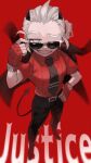  1girl black_horns black_necktie black_pants blind character_name collared_shirt demon_girl demon_horns demon_tail fingerless_gloves glint gloves hand_on_own_hip helltaker highres horns justice_(helltaker) katsuo_(raise_ha_maguro) looking_at_viewer necktie one_eye_closed pants red_background red_gloves red_shirt shirt short_sleeves simple_background smile solo standing sunglasses tail teeth white_eyes white_hair 