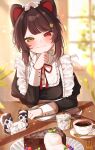  1girl 3znk :3 absurdres animal_ears arm_on_table banken_(inui_toko) black_dress blurry blurry_background blush brown_hair bun_cover cake cake_slice closed_mouth commentary_request cup dog_ears dress english_commentary english_text flower food fork frills gold_cutlery hair_flower hair_ornament hand_on_own_chin hand_up happy_valentine head_tilt heterochromia highres indoors inui_toko inui_toko_(7th_costume) juliet_sleeves lips long_sleeves looking_at_viewer maid medium_dress mixed-language_commentary muntins neck_ribbon nijisanji plate pov puffy_sleeves raised_eyebrows red_eyes red_ribbon ribbon saucer smile solo spoon straight-on sugar_cube table tea teacup tray upper_body virtual_youtuber white_sleeve_cuffs window wooden_table yellow_eyes 