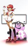  1girl absurdres black_socks blue_eyes breasts hand_on_own_hip highres kneehighs miltank poke_ball poke_ball_(basic) pokemon pokemon_(creature) pokemon_gsc red_eyes red_hair shakeeeeeeeee shirt shoes short_sleeves shorts simple_background socks standing twintails udder white_shirt white_shorts whitney_(pokemon) 