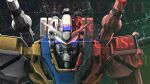  absurdres armor bichiguso_un563 blue_armor character_name colony_interior glowing glowing_eyes gundam gundam_gquuuuuux highres looking_at_viewer mecha mecha_focus mobile_suit multicolored_armor portrait purple_eyes red_armor red_gundam robot split_theme sword sword_on_back v-fin weapon weapon_on_back white_armor white_gundam yellow_armor 