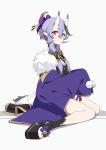  1girl breasts cleavage full_body fur_trim hair_between_eyes hair_ornament hikimayu horns japanese_clothes long_hair looking_at_viewer nijisanji oni oni_horns pointy_ears purple_eyes purple_hair rindou_mikoto sandals sitting sleeves_past_wrists sohin solo tabi virtual_youtuber wariza 