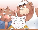  2019 anthro brown_body brown_fur clothing domestic_cat eyes_closed felid feline felis fur group humanoid_hands kemono male mammal overweight overweight_male scar shirt suid suina sus_(pig) topwear toshi_(artist) ursid white_body white_fur wild_boar 