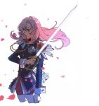  1girl absurdres aiguillette bike_shorts black_jacket blue_eyes cowboy_shot epaulettes flower frills highres holding holding_sword holding_weapon jacket long_hair long_sleeves nshi00 petals pink_hair red_shorts rose shorts shoujo_kakumei_utena solo sword tenjou_utena weapon white_background 