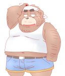  2019 anthro belly bottomwear brown_body brown_fur clothing fur kemono male mammal navel overweight overweight_male shirt shorts simple_background solo topwear toshi_(artist) ursid white_background 