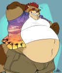  2020 anthro belly blush bottomwear brown_body brown_fur bulge canid canine clothed clothing deadanthro fur humanoid_hands male mammal open_shirt overweight overweight_male raccoon_dog shirt shorts solo tanuki topwear 