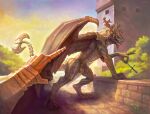animal_genitalia anthro armor balls bell_gargoyle clothing dagger dark_souls detailed_background disembodied_hand estoc fromsoftware gargoyle gauntlets genitals gesture gloves hand_gesture handwear hi_res horn klongi male melee_weapon pointing pointing_at_another sheath solo tail_axe thief weapon wings