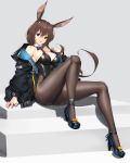  1girl :o amiya_(arknights) animal_ears arknights arm_support ass bare_shoulders blue_eyes bow bowtie breasts brown_hair bunny_ears bunny_girl bunnysuit cleavage detached_collar hair_between_eyes high_heels highres jacket long_hair looking_at_viewer pantyhose sitting solo tony_guisado 