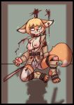 4_fingers 4_toes akai_hime_(wild_assault) anthro bare_breasts big_breasts black_border blonde_hair blood blood_from_mouth blood_in_mouth bodily_fluids border breasts bullet_wound canid canine clothed clothing collar combat_cat_studio crowskull cute_fangs dipstick_tail dying fangs fatal fatal_wound feet female female_death fingerless_gloves fingers fluffy fluffy_tail footwear fox gloves gore gunshot_wound hair handwear heart_symbol heterochromia hi_res lagomorph leporid mammal markings melee_weapon natural_breasts nipples nosebleed partially_clothed rabbit ryona shaking shot_in_throat silhouette snaggle_tooth snuff solo spread_legs spreading sword tail tail_markings teeth toeless_footwear toes trembling weapon wild_assault