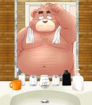 2019 anthro belly blush brown_body brown_fur fur humanoid_hands kemono male mammal moobs navel overweight overweight_male solo toshi_(artist) towel ursid 