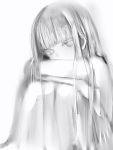  1girl bangs blunt_bangs copyright_request greyscale highres leg_hug long_hair looking_at_viewer monochrome nanashi_(nlo74593630) simple_background sitting sketch solo white_background 