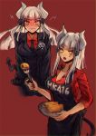  2girls 404_logo_(girls_frontline) apron blush business_suit character_name cosplay demon_girl demon_horns demon_tail dual_persona food fork formal girls_frontline helltaker highres hk416_(girls_frontline) horns lucifer_(helltaker) lucifer_(helltaker)_(cosplay) multiple_girls necktie pancake plate red_shirt shirt suit tail xanax025 