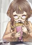  anya_melfissa anya_melfissa_(indonesian_casual) blonde_hair braid brown_hair brown_jacket brown_shirt coffee coffee_mug crepe cup eating food glasses gradient_hair highres holding holding_crepe holding_food hololive hololive_indonesia jacket kris_hair_ornament long_sleeves looking_at_viewer medium_hair mug multicolored_hair open_mouth oumi_mizu purple_eyes shirt side_braid streaked_hair yellow-framed_eyewear yellow_nails 