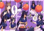  4girls ahoge air_shakur_(umamusume) animal_ears arm_up back_bow black_hair blue_bow blue_eyes blue_shirt bow brown_hair carrot clenched_hands closed_mouth commentary_request dark-skinned_female dark_skin ear_ornament earrings eyebrow_piercing grass_wonder_(umamusume) hair_between_eyes hi_(ibisf5umauma) highres holding holding_carrot horse_ears horse_girl horse_tail jewelry kitasan_black_(umamusume) long_hair looking_at_viewer multicolored_hair multiple_girls multiple_views open_mouth parted_lips piercing podium red_eyes shirt short_sleeves single_earring smile speech_bubble streaked_hair symboli_kris_s_(umamusume) tail translation_request umamusume very_long_hair white_hair yellow_eyes 