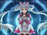  1girl ahoge choker cowboy_shot english_text gem hair_ornament hair_rings highres jacket kirsch_miko long_hair looking_at_viewer matoi_(pso2) multicolored_jacket open_mouth partially_open_jacket phantasy_star phantasy_star_online_2 red_eyes red_gemstone solo twintails upper_body very_long_hair white_hair 