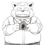  1:1 2019 anthro bottomwear canid canine canis clothing domestic_dog eyes_closed humanoid_hands kemono male mammal overweight overweight_male pants shirt simple_background solo topwear toshi_(artist) white_background 