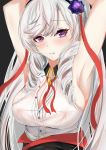  1girl absurdres algerie_(azur_lane) armpits artist_request azur_lane bare_shoulders blush breasts cleavage covered_nipples eyebrows_visible_through_hair flower hair_flower hair_ornament hands_up highres large_breasts long_hair looking_at_viewer mole mole_under_eye no_bra partially_unbuttoned purple_eyes purple_flower red_ribbon ribbon shirt sideboob skindentation sleeveless sleeveless_shirt solo white_hair white_shirt 
