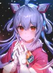  1girl ahoge blurry blurry_background christmas depth_of_field fur-trimmed_jacket fur_trim gloves grey_hair hair_ornament hair_rings highres inari_kei jacket long_hair looking_at_viewer matoi_(pso2) phantasy_star phantasy_star_online_2 pink_jacket red_eyes smile snowing solo twintails upper_body white_gloves 