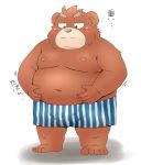  2019 anthro belly blush brown_body brown_fur bulge clothing fur humanoid_hands japanese_text kemono male mammal moobs navel nipples overweight overweight_male simple_background solo text toshi_(artist) underwear ursid white_background 