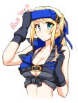  1girl bare_shoulders belt black_shirt blonde_hair blue_eyes blue_headband blue_ribbon breasts cleavage cosplay fingerless_gloves genderswap genderswap_(mtf) gloves gripping_clothes guilty_gear hair_ribbon headband ky_kiske kyko looking_at_viewer m.u.g.e.n ponytail portrait ribbon ryuuri_(aoithigo) shirt short_hair sol_badguy sol_badguy_(cosplay) solo tied_shirt white_background 