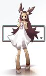  1girl absurdres breasts brown_eyes brown_hair closed_mouth dot_mouth dress full_body hair_bobbles hair_ornament highres holding holding_poke_ball id_card jasmine_(pokemon) long_hair poke_ball poke_ball_(basic) pokemon pokemon_gsc shakeeeeeeeee shoes simple_background sleeveless sleeveless_dress small_breasts standing two_side_up very_long_hair white_dress 