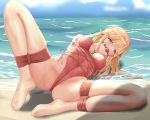  1girl azur_lane ball_gag barefoot bdsm beach blonde_hair bondage bound bound_arms bound_legs bound_wrists breast_bondage crotch_rope feet gag gagged highres jiang_qian_xiao long_hair pink_swimsuit red_eyes restrained richelieu_(azur_lane) rope sand shibari shibari_over_clothes swimsuit tied_up 