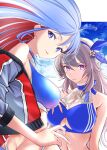  1girl ahoge bikini blue_bikini blue_hair blue_hairband breasts cleavage collarbone grey_eyes grey_hair hair_between_eyes hairband hat highres jacket kantai_collection large_breasts long_hair looking_at_viewer navel official_alternate_costume ponytail purple_eyes red_hair sarong smile south_dakota_(kancolle) south_dakota_(swimsuit)_(kancolle) sports_bikini swimsuit tsukasa_(tukasa_br) visor_cap washington_(kancolle) washington_(swimsuit)_(kancolle) white_background white_hair 
