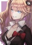  1girl bangs bear_hair_ornament black_choker black_jacket blonde_hair blue_eyes bow breasts choker cleavage collarbone commentary_request danganronpa danganronpa_1 enoshima_junko grin hair_ornament jacket large_breasts long_hair looking_at_viewer necktie pink_background pink_hair red_bow school_uniform simple_background skirt sleeves_rolled_up smile solo twintails usui_natrium white_background 