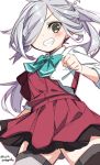  1girl aqua_neckwear asashimo_(kantai_collection) bangs black_legwear blush bow bowtie clenched_hand dress eyebrows_visible_through_hair green_eyes grey_hair grin hair_over_one_eye jacket kantai_collection laco_soregashi long_hair ponytail purple_dress remodel_(kantai_collection) sharp_teeth simple_background smile solo teeth thighhighs twitter_username white_background white_jacket 