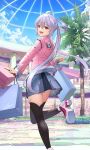  1girl ahoge bag black_thighhighs blue_sky cloud commission cowboy_shot grey_skirt hair_rings highres holding holding_bag jacket long_hair looking_at_viewer looking_back mall matoi_(pso2) palm_tree phantasy_star phantasy_star_online_2 pink_jacket red_eyes shoes shopping shopping_bag sion_(9117) skeb_commission skirt sky solo standing standing_on_one_leg thighhighs tree twintails very_long_hair 