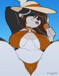  2019 absurd_res anthro big_breasts bikini black_body black_fur black_nose blue_eyes breasts brown_hair camel_toe candy canid canine canis clothing curvaceous curvy_figure day domestic_dog ear_piercing ear_ring eyebrows faizenek female floppy_ears food foreshortening fur glistening glistening_clothing glistening_hair gloves_(marking) hair hair_over_eye hi_res lollipop long_hair looking_at_viewer low-angle_view mammal markings multicolored_body multicolored_fur narrowed_eyes nipple_outline one_eye_obstructed outside piercing raised_arm seductive slightly_chubby smile solo sun_hat swimwear tongue tongue_out two_tone_body two_tone_fur voluptuous white_body white_eyebrows white_fur 