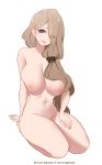  1girl absurdres blue_eyes breasts brown_hair closed_mouth eyes_visible_through_hair fire_emblem fire_emblem:_three_houses full_body hair_over_one_eye highres inverted_nipples large_breasts light_smile lips long_hair looking_at_viewer mercedes_von_martritz navel nude patreon_username seiza simple_background sitting solo tofuubear white_background 