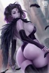  1girl ass breasts building cape dc_comics elbow_gloves feathers fingerless_gloves gloves highres large_breasts leotard looking_at_viewer olga_narhova purple_eyes purple_hair purple_skin raven_(dc) smoke teen_titans thighhighs 
