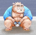  2019 anthro asian_clothing belly brown_body brown_fur bulge clothing east_asian_clothing footwear fundoshi fur humanoid_hands japanese_clothing kemono male mammal moobs overweight overweight_male sandals solo toshi_(artist) underwear ursid 