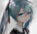  1girl aqua_eyes aqua_hair grey_background hair_ribbon hatsune_miku highres lace_collar lipstick long_hair looking_at_viewer makeup neck_ribbon parted_lips portrait ribbon solo striped striped_ribbon twintails vocaloid yobigoe 