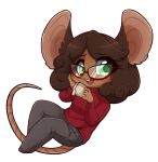  anthro beverage bottomwear brown_hair chibi clothing cup eyewear female glasses green_eyes hair looking_at_viewer mammal margaret_de_campos mice_tea misshammer mouse murid murine pants red_glasses rodent simple_background solo sweater tea topwear 