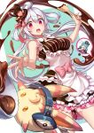  1girl ahoge apron bow brown_dress chocolate chocolate_hair_ornament cowboy_shot dress food-themed_hair_ornament frills hair_ornament hair_rings highres holding holding_spatula inari_kei long_hair matoi_(pso2) open_mouth phantasy_star phantasy_star_online_2 pink_bow red_eyes sleeveless sleeveless_dress spatula striped_clothes striped_dress twintails valentine very_long_hair white_apron 