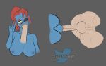  anthro azurtaker_(artist) balls blowjob_face disembodied_penis duo eye_patch eyewear fellatio female genitals gesture hi_res human humanoid male male/female mammal oral penile penis sex teeth toothy_fellatio undertale undyne v_sign video_games 