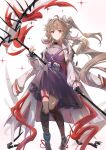  1girl ahoge animal_ears arknights asymmetrical_legwear black_gloves brown_hair brown_pantyhose brown_thighhighs chinese_commentary closed_mouth coat commentary_request dress eyjafjalla_(arknights) eyjafjalla_the_hvit_aska_(arknights) fingerless_gloves floating_hair gloves grey_horns highres holding horns long_hair long_sleeves looking_at_viewer open_clothes open_coat pantyhose purple_dress red_eyes sheep_ears sheep_girl sheep_horns single_leg_pantyhose single_thighhigh smile solo sparkle thighhighs uneven_legwear white_coat yuki_sweet_tea 
