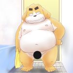  1:1 2019 anthro balls barely_visible_balls barely_visible_genitalia bathroom belly black_nose canid canine canis censored detailed_background domestic_dog genitals humanoid_hands kemono male mammal moobs navel nipples overweight overweight_male solo toshi_(artist) 