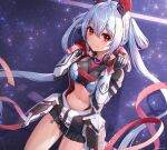  1girl ahoge black_bra black_skirt bra commission cowboy_shot hair_ornament hair_rings jacket long_hair looking_at_viewer matoi_(pso2) midriff miniskirt multicolored_jacket navel open_clothes open_jacket phantasy_star phantasy_star_online_2 red_eyes satsuma_imohen skeb_commission skirt solo twintails underwear very_long_hair 